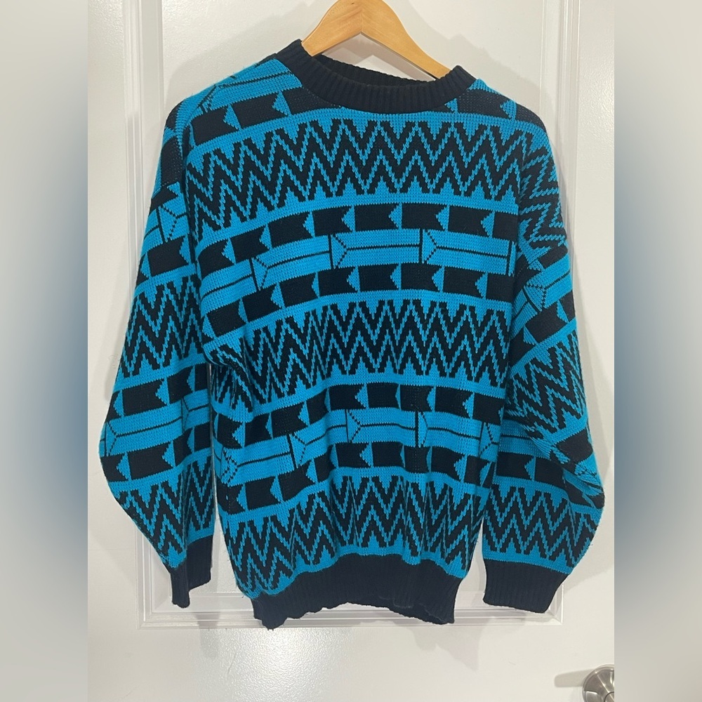 Vintage Geometric Retro Blue and Black Mens Crewneck Pullover Sweater Sz Large - Picture 2 of 10